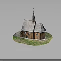Wooden Church Building With Spire Sloped Roof Walls Windows And Grass Surroundings