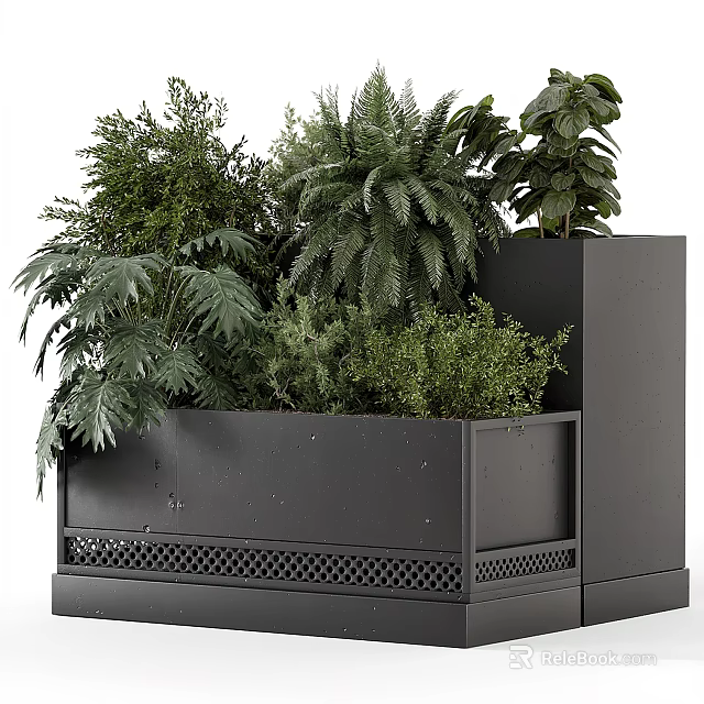 Bonsai Potted Plants In Modern Black Grid Design Planter With Green Foliage 3d model 