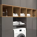 Modern Laundry Room With White Washing Machine Grey Cabinets Wooden Shelf And Clean Towels