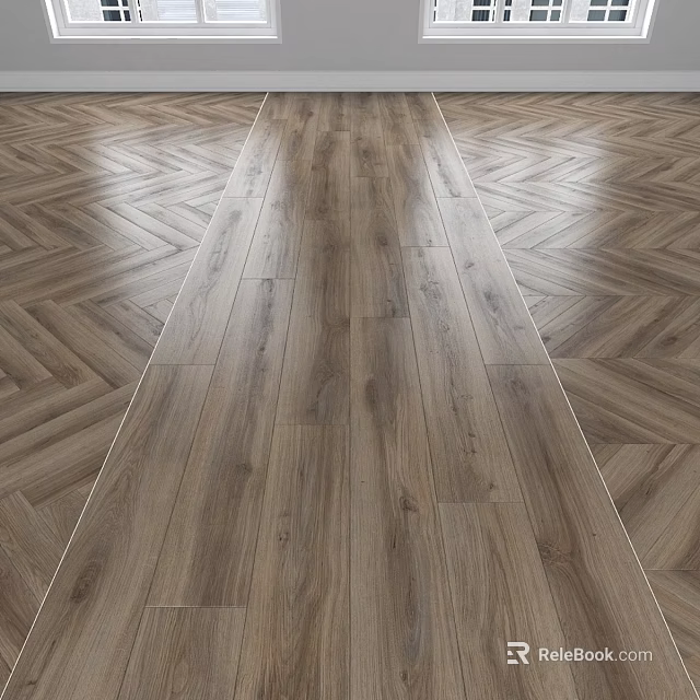 Wooden Floor Component Featuring Central Straight Planks And Herringbone Pattern Sides With Glossy Surface 3d model
