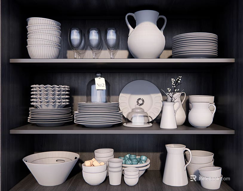 Modern Ceramic Dinnerware Collection Displayed On Kitchen Shelves With Plates Cups And Jugs 3d model 