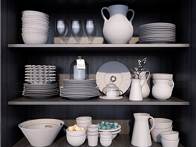 Modern Ceramic Dinnerware Collection Displayed On Kitchen Shelves With Plates Cups And Jugs 3d model