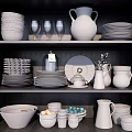 Modern Ceramic Dinnerware Collection Displayed On Kitchen Shelves With Plates Cups And Jugs