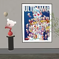 Abstract Painting With Cartoon Characters Blue Background Plush Toy Black Pillar And Green Plant