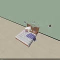 Double Bed with Wooden Headboard White Sheets Purple Blanket Pillows Light Green Walls Wall Shelves