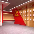 Display Area With Yellow Lattice Shelves Red Wall And Fire Truck Model Star Ceiling Decoration