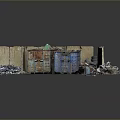 Rusty And Blue Containers Filled With Tires And Metal Scraps In Wooden Enclosed Area