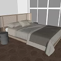Modern Double Bed with Wooden Woven Headboard Gray Bedding and Sea View Window