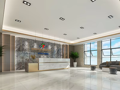 Modern Reception Area With Front Desk Marble Wall Company Logo And Large Windows 3d model