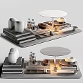Decorative Ornament Set With Stacked Books Glass Bottles Ceramic Bowls Wooden Tray And Round Stand