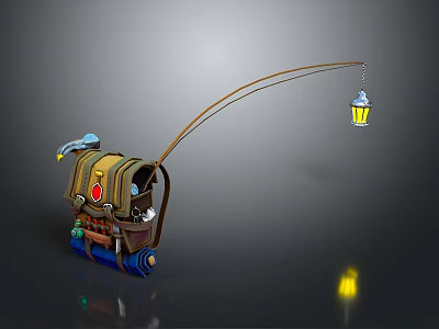 Practical Multifunctional Brown Backpack With Fishing Rod Yellow Lantern And Blue Wheels 3d model