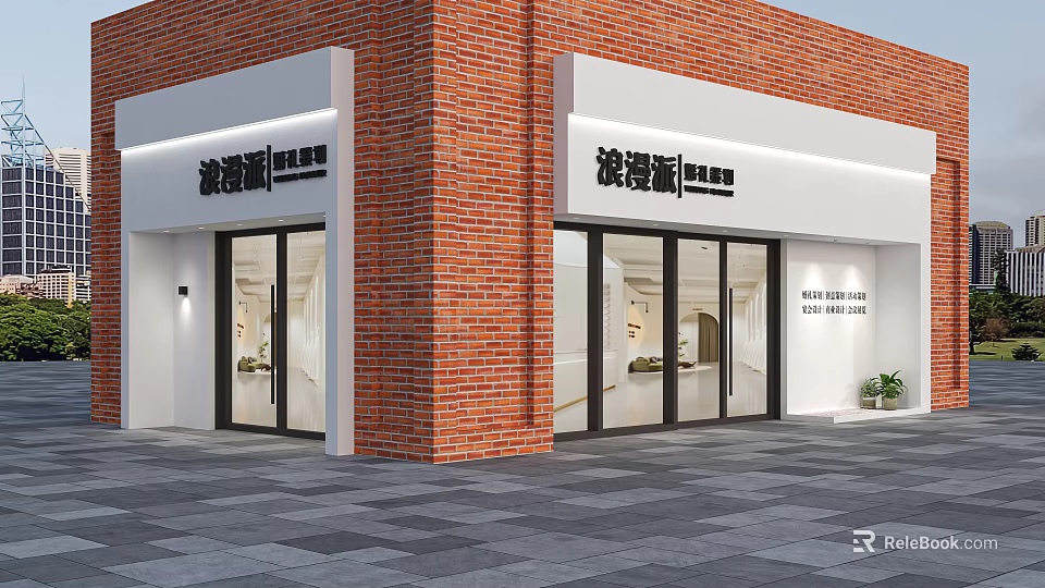 Red Brick And White Storefront With Glass Doors Black Signage Gray Floor Tiles And Plants 3d model 