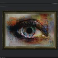 Abstract Painting with Eye in Gold Frame on Gray Wall Vibrant Colors