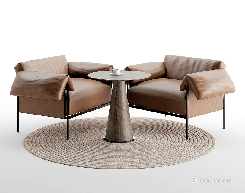 Stylish Brown Leather Armchairs With Round Wooden Table And Woven Rug Set 3d model 