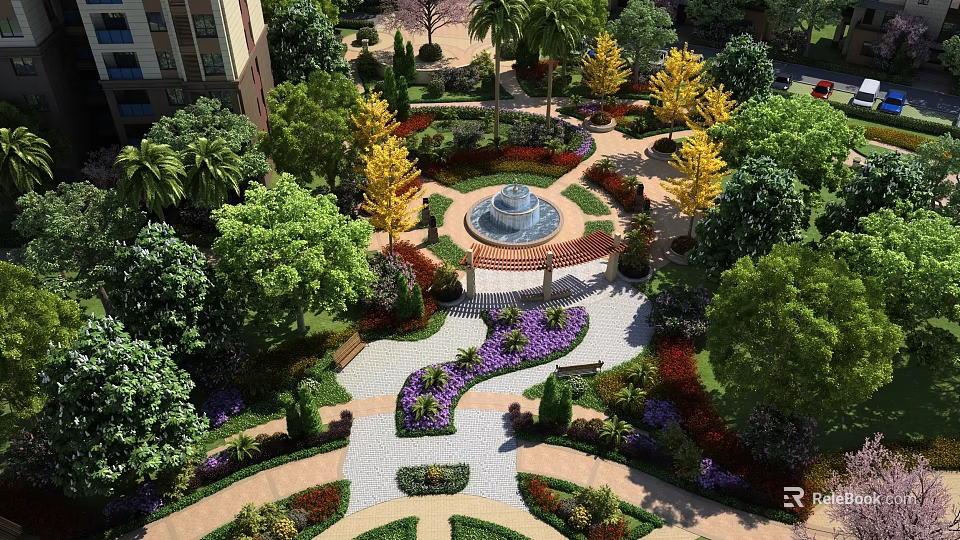 Detached Villa Garden Featuring Central Fountain Various Trees And Stone Pathways 3d model 