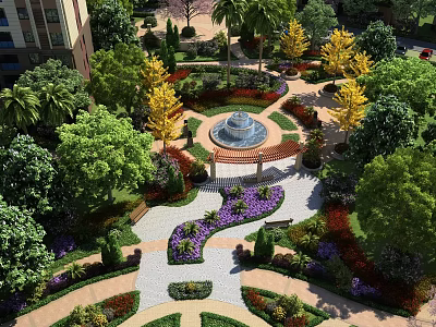 Detached Villa Garden Featuring Central Fountain Various Trees And Stone Pathways 3d model