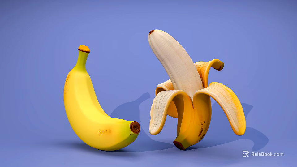 Fresh Banana Display with Whole Yellow Peel and Peeled White Flesh on Blue Background 3d model 