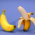 Fresh Banana Display with Whole Yellow Peel and Peeled White Flesh on Blue Background