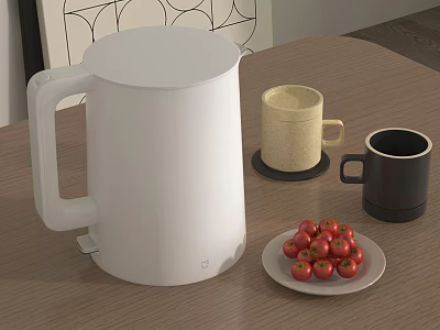 Stylish White Electric Kettle on Wooden Table with Mugs and Cherry Tomatoes 3d model