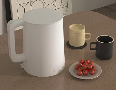 Stylish White Electric Kettle on Wooden Table with Mugs and Cherry Tomatoes 3d model