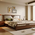 Cozy Bedroom With Wooden Headboard Patterned Quilt Pillows Nightstand Table Lamp And Wall Art