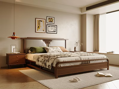 Cozy Bedroom With Wooden Headboard Patterned Quilt Pillows Nightstand Table Lamp And Wall Art 3d model