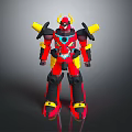 Robot Character With Red Yellow Armor Horned Design Glowing Chest Core And Mechanical Body 3d model