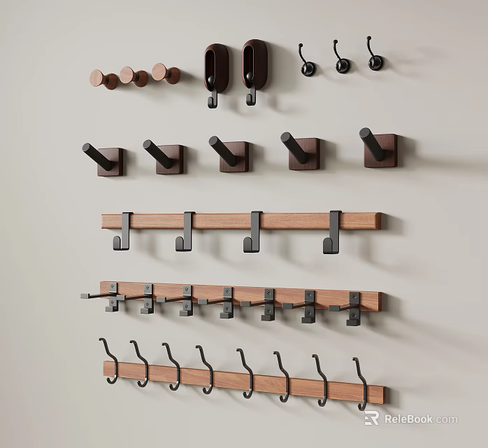 Various Wall Hooks With Wooden And Metal Designs For Home Organization 3d model 
