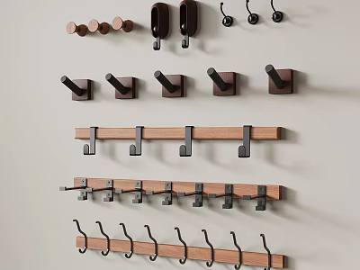 Various Wall Hooks With Wooden And Metal Designs For Home Organization 3d model