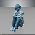 Blue Haired Humanoid Creature Character Sitting Hugging Knees On Reflective Gray Floor