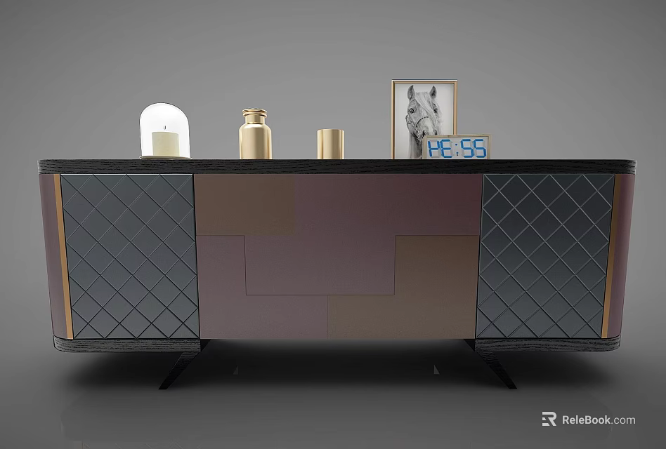 Elegant Modern Decorative Cabinet Featuring Diamond Quilted Panels And Top Decor Items 3d model 