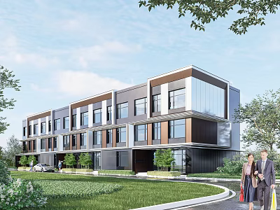 Modern Townhouse Exterior Design With Multiple Units Glass Windows And Greenery Lawn 3d model