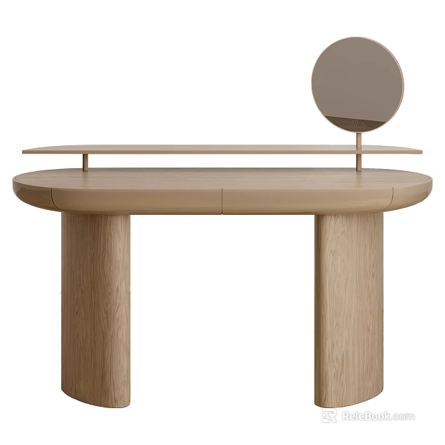 Modern Wooden Dressing Table With Light Colored Top And Round Mirror 3d model