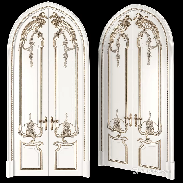 Elegant French Style Carved Hinged Doors with White and Gold Decorative Details 3d model 