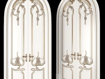 Elegant French Style Carved Hinged Doors with White and Gold Decorative Details 3d model