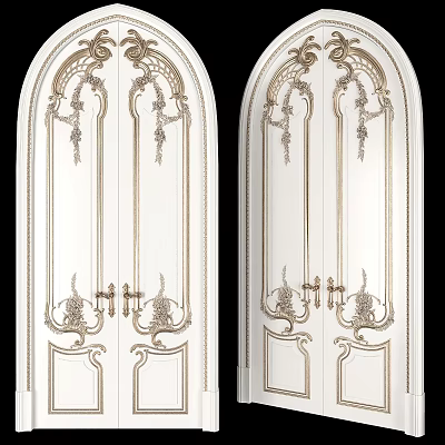 Elegant French Style Carved Hinged Doors with White and Gold Decorative Details 3d model