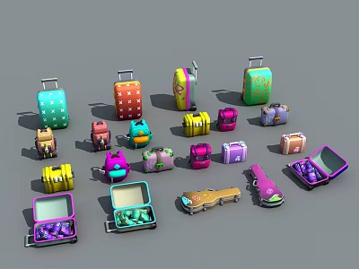 Colorful Luggage Collection Featuring Various Styles Open Cases And Travel Bags 3d model
