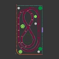 Amusement Rides With Curved Tracks Green Grass Area Decorative Trees And Entrance Arch