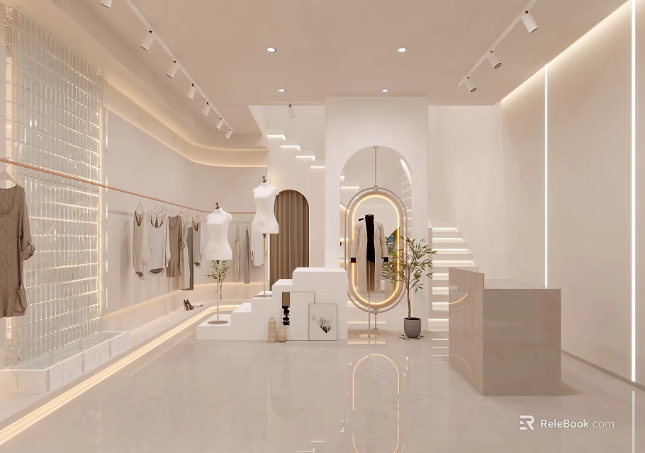 Modern Clothing Store Interior Design With Clothing Racks Round Mirror Staircase And Soft Lighting 3d model