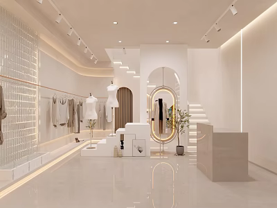 Modern Clothing Store Interior Design With Clothing Racks Round Mirror Staircase And Soft Lighting 3d model