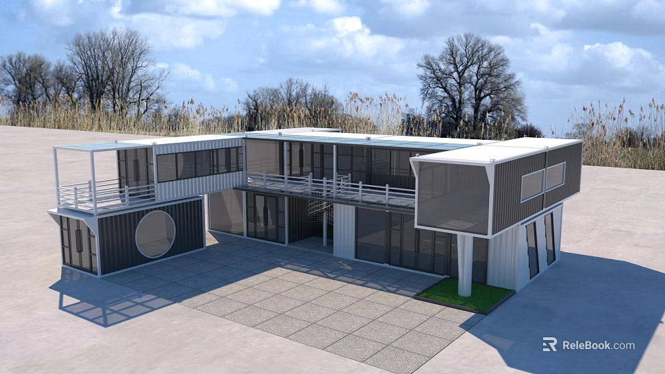 Modern Modular Container Building With Balcony Large Windows And Outdoor Space 3d model