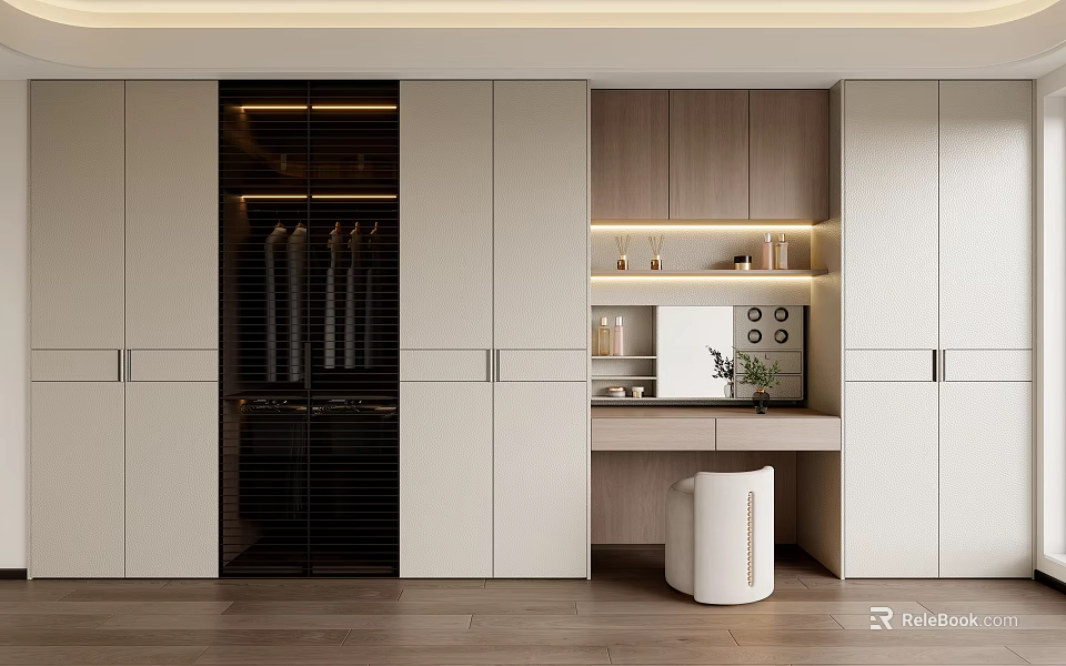 Modern Built In Wardrobe With Integrated Dressing Table And Warm LED Lighting For Bedroom 3d model 