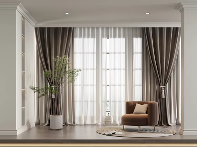 Modern Curtains For Window In Living Room Interior With Armchair Plant And Floor Rug 3d model