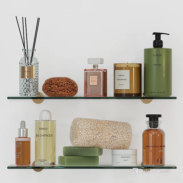 Stylish Bathroom Accessories With Diffuser Bottles And Soaps 3d model