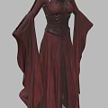Elegant Crimson Red Long Dress With High Neck Corset Waist Flared Sleeves And Decorative Shoulders