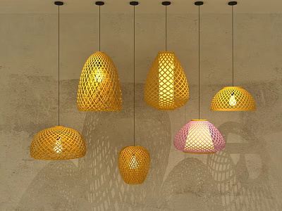 Woven Pendant Lights In Yellow And Pink With Various Designs On Gray Wall 3d model