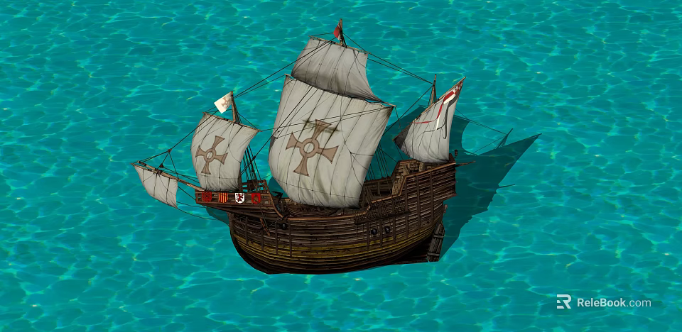 Vintage Sailing Ship With Wooden Hull White Sails And Cross Symbols On Blue Water 3d model 