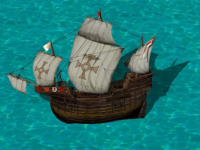 Vintage Sailing Ship With Wooden Hull White Sails And Cross Symbols On Blue Water 3d model