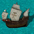 Vintage Sailing Ship With Wooden Hull White Sails And Cross Symbols On Blue Water