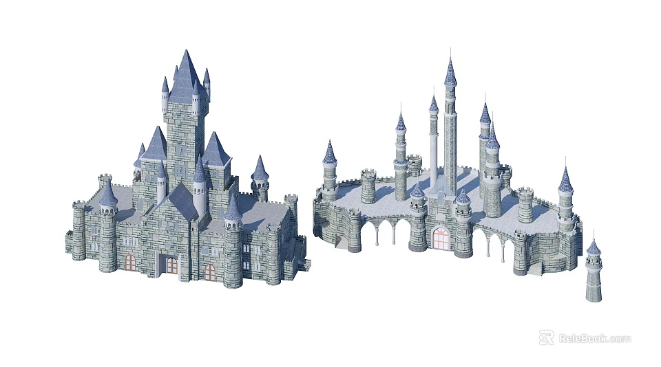 Medieval Stone Castle Structure With Tall Towers Spires And Arched Gateways 3d model 